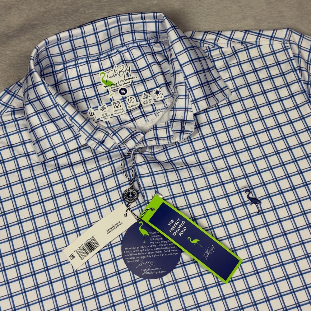 TailorByrd‎ Performance Polo Mens Small Blue White Check Mini Windowpane NEW